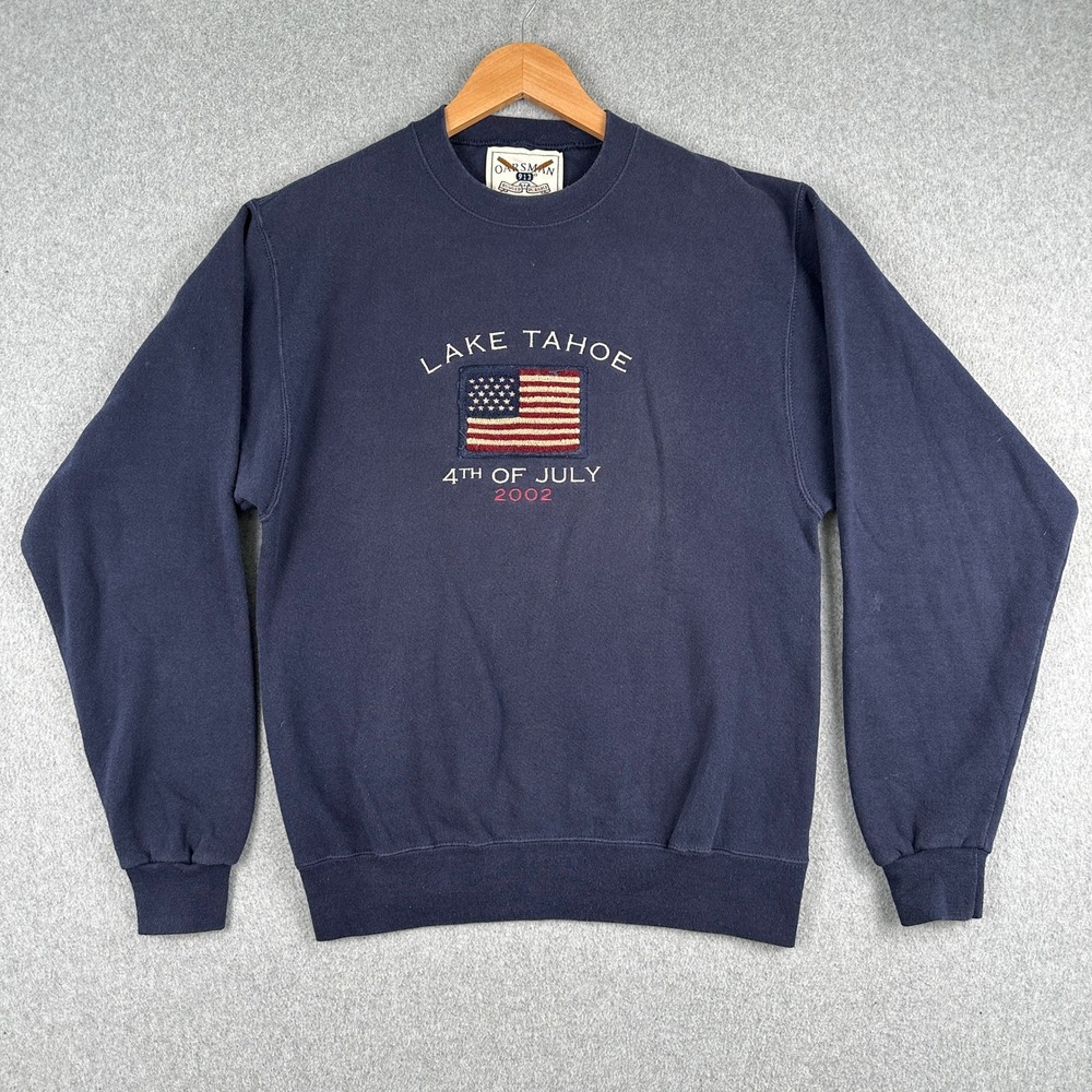 Vintage Oarsman 913 Sweatshirt Mens S Blue Lake Tahoe 4th of July 2002 USA Flag